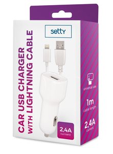 Setty USB-autolaturi 2,4 A + Lightning-kaapeli 1 m, valkoinen