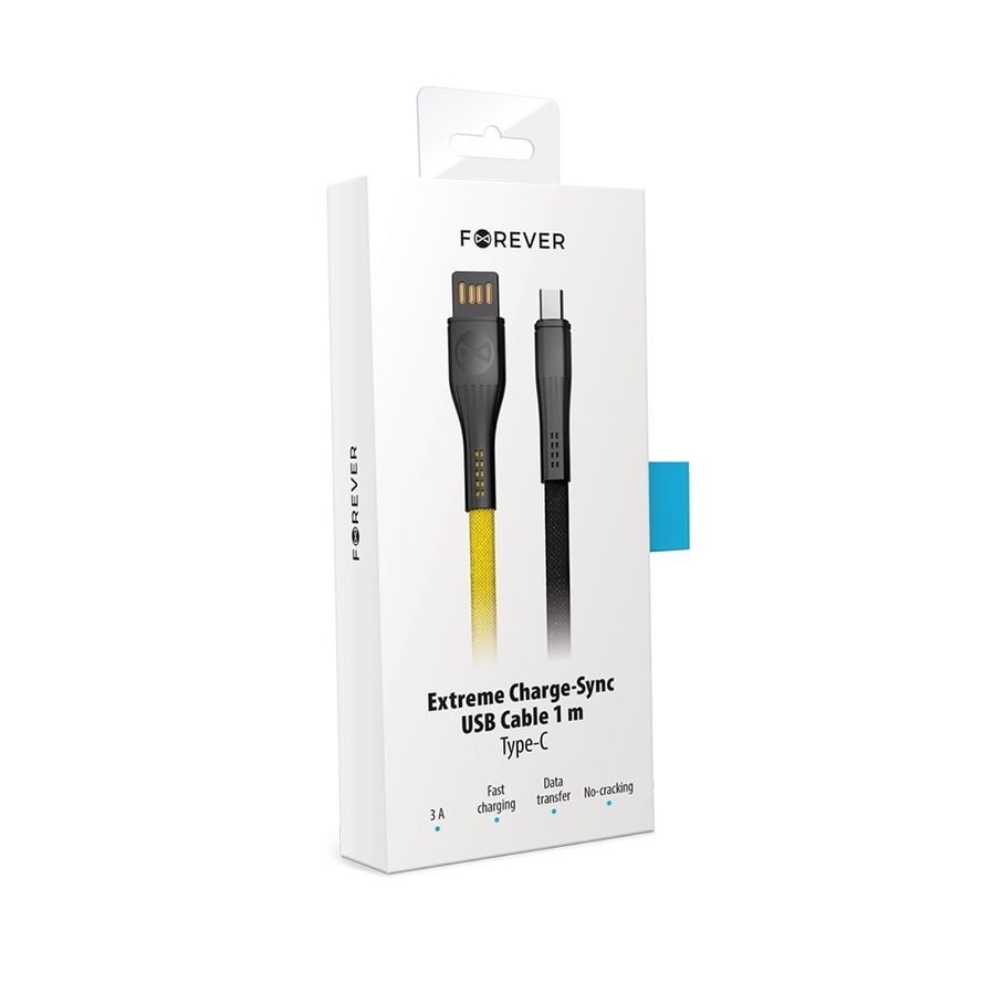 Forever Core Extreme Charge USB Type-C lataus- ja synkronointikaapeli 3A 1m, musta / keltainen
