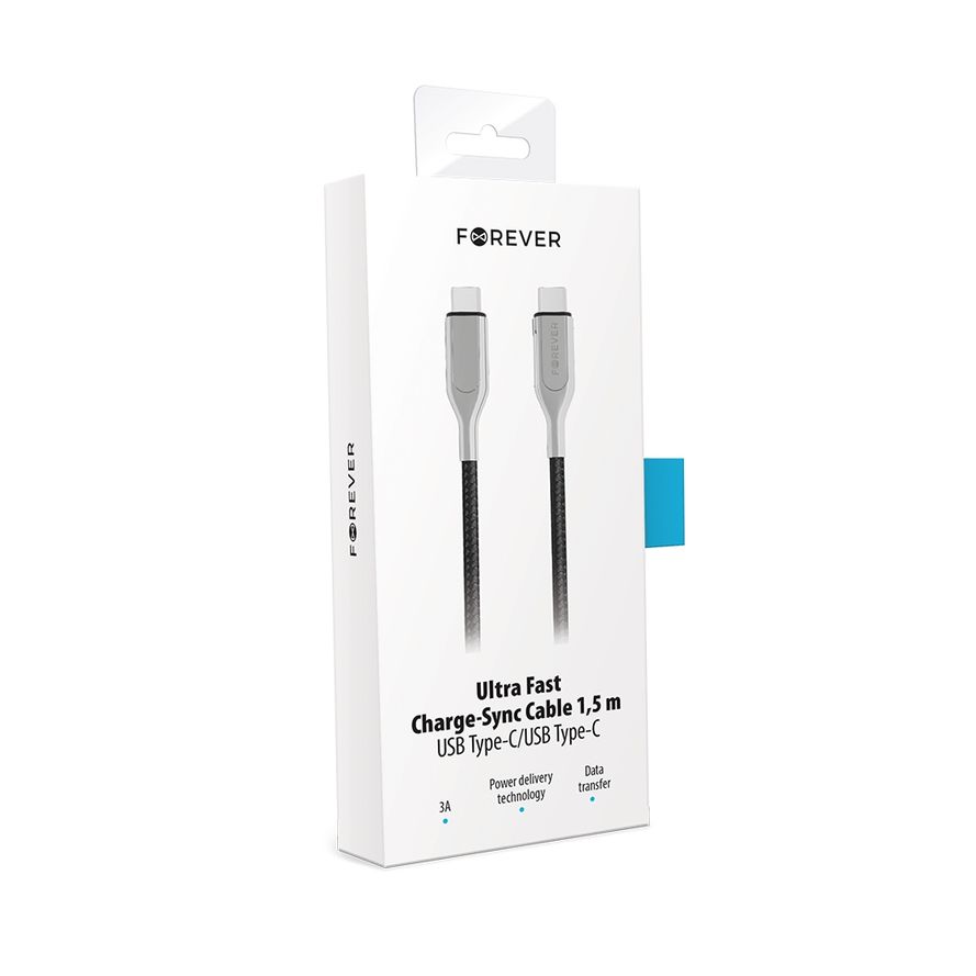 Forever Core Ultranopea USB Type-C / USB Type-C, 3A lataus- ja synkronointikaapeli 1,5m, musta