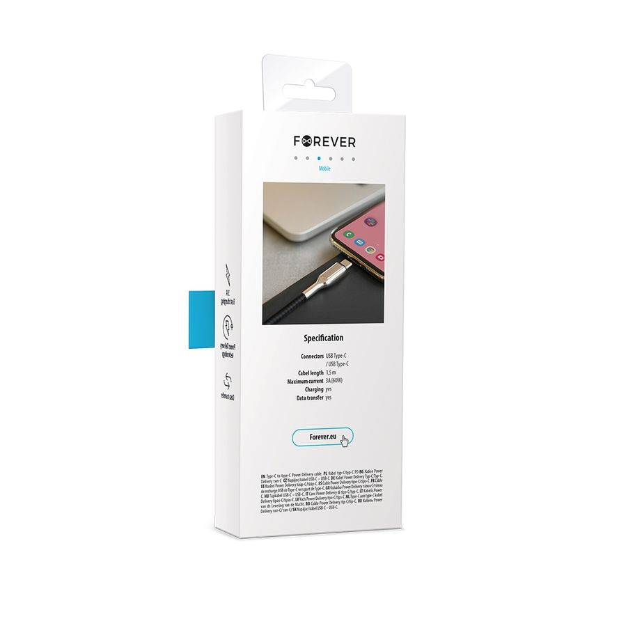 Forever Core Ultranopea USB Type-C / USB Type-C, 3A lataus- ja synkronointikaapeli 1,5m, musta