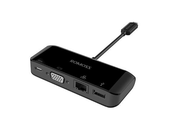 Romoss USB-A 3.0/F, Ethernet, VGA & USB-C Multiadapteri - musta 