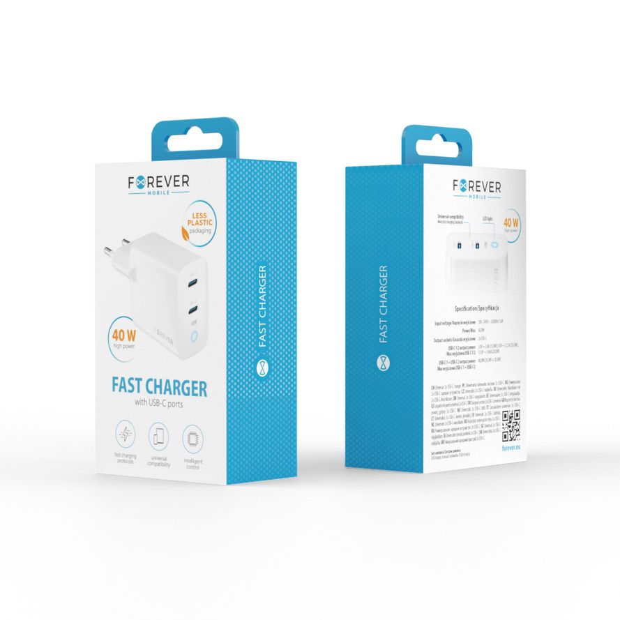 Forever TC-06-40CC GaN PD QC Laturi 2x USB-C 40W
