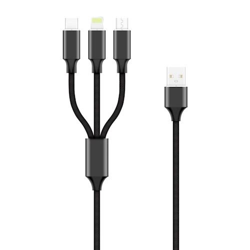 Forever USB 3in1 microUSB + Lightning + Type-C kaapeli 2A 1m - Musta