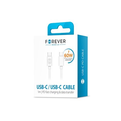 Forever USB-C - USB-C kaapeli 3A 1m 20W, valkoinen