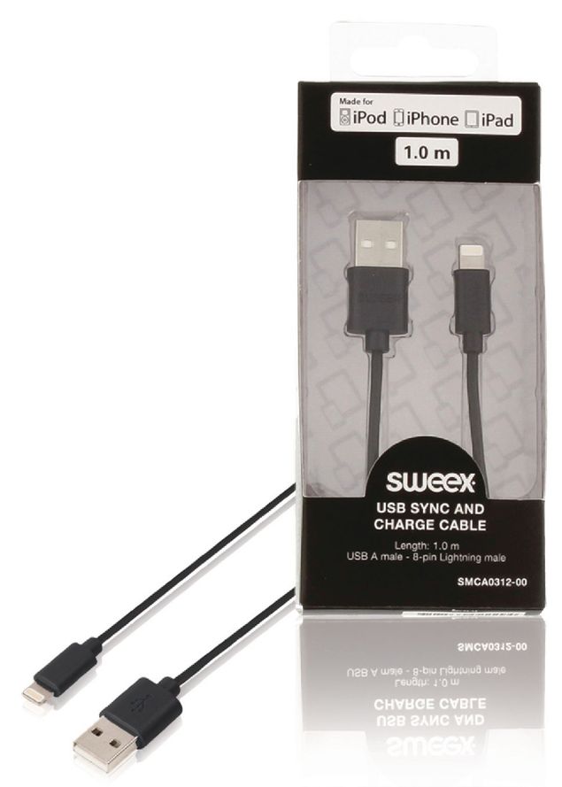 USB-kaapeli synkronointiin ja lataukseen, USB A -urosliitin – 8-nastainen Lightning-urosliitin, 1,00 m, musta