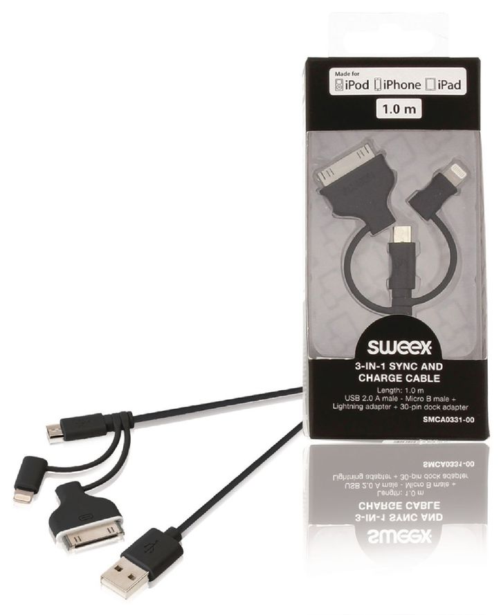 3 in 1 synkronointi ja latauskaapeli, USB 2.0 A urosliitin 3 in 1 synkronointi ja latauskaapeli, USB 2.0 A urosliitin