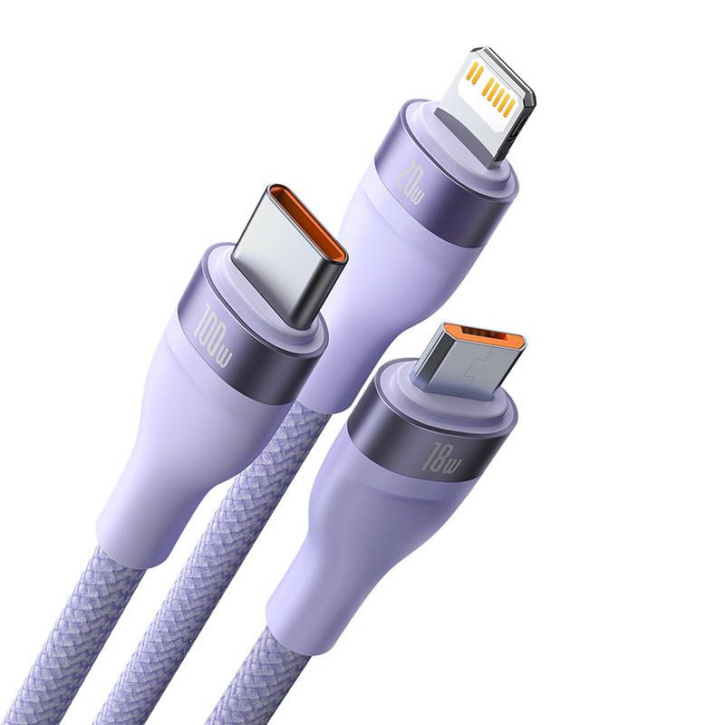 Baseus Flash 2 - 3 in 1 USB-C - Micro USB - Lightning 100W - 1.5m pikalatauskaapeli - purppura