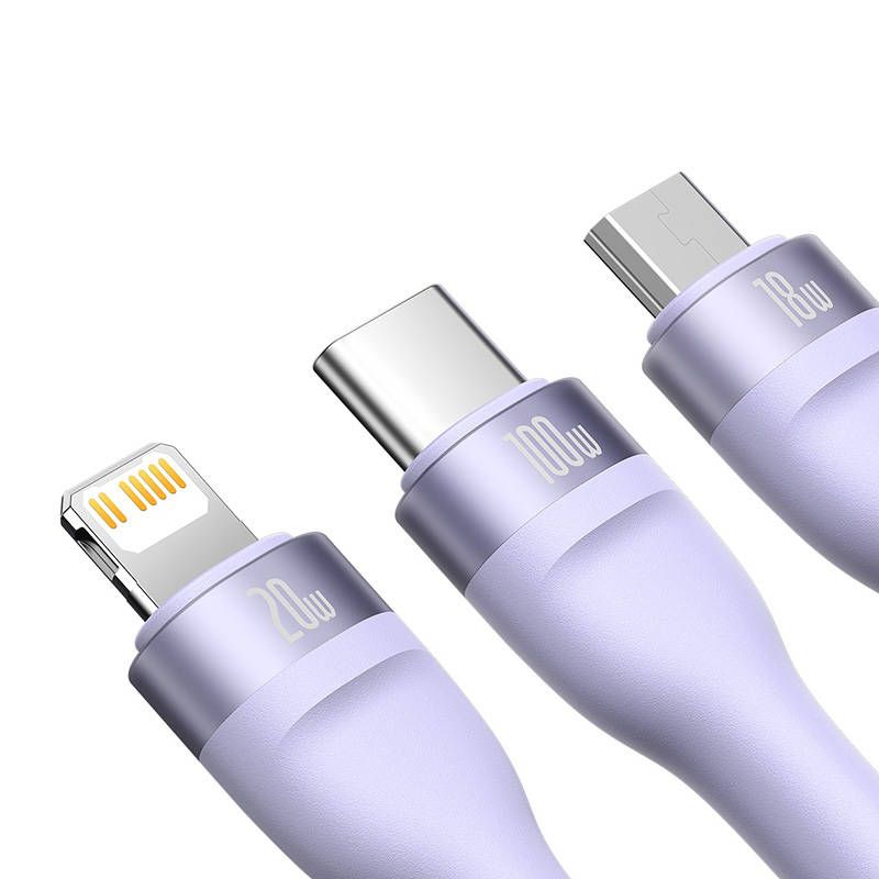 Baseus Flash 2 - 3 in 1 USB-C - Micro USB - Lightning 100W - 1.5m pikalatauskaapeli - purppura