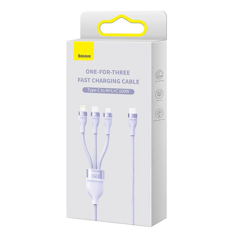 Baseus Flash 2 - 3 in 1 USB-C - Micro USB - Lightning 100W - 1.5m pikalatauskaapeli - purppura