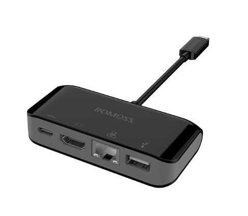 Romoss USB-C HDMI 4K, USB-A, Gigabit Ethernet, USB-A 3.0/F multiadapteri - musta