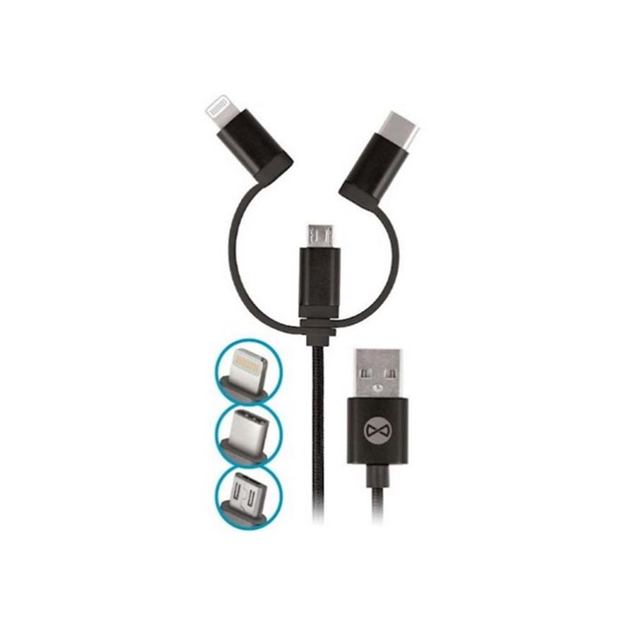Forever USB Laturi 2A TC-01 + 3in1 nylon kaapeli (micro USB + iPhone + Type-C)