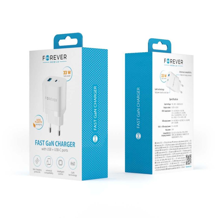 Forever TC-05 GaN PD QC pikalaturi 1 x USB-C + 1 x USB 33W