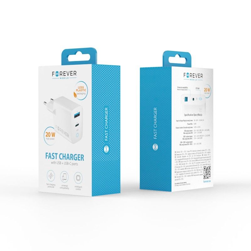 Forever TC-06-20AC PD QC laturi 1x USB-C 1x USB 20W
