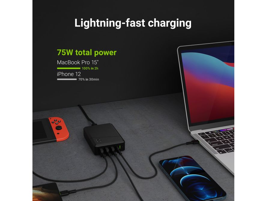 Green Cell Laturi 75W - USB-C PD / USB-A Ultra Charge / 2x USB-A Smart Charge