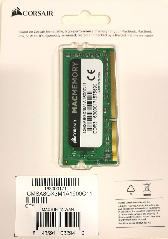 CORSAIR DDR3 1600MHz 8GB 1x8gb SODIMM Apple Qualified