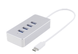 DELTACO USB-C-hubi, 4 x USB-A 3.1, porttien kokonaisvirtamäärä 0,9 A, myyntipakkaus, 0,1 m kaapeli, hopea