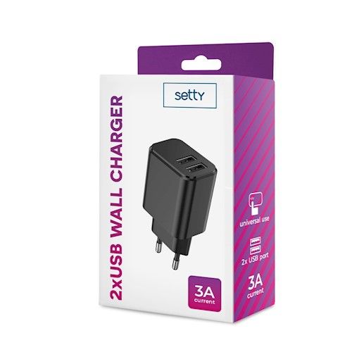 Setty USB-laturi 2x USB 3A - Musta