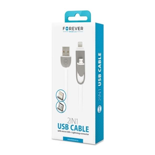 Forever USB 2in1 micro USB + Lightning latauskaapeli, valkoinen