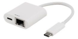 USB-C-verkkosovitin, Gigabit, USB-C-portti lataamista varten, 1 x RJ45, 1 x USB-C uros, valkoinen