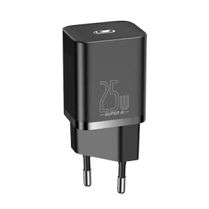 Baseus Super Si PD 25W seinälaturi, 1x USB-C + USB-C - USB-C kaapeli, musta